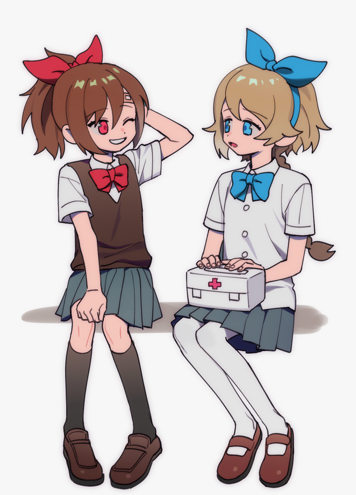 2girls, bandage_on_face, bandages, blue_eyes, blue_ribbon, first_aid_kit, haru_(yomawari), loafers