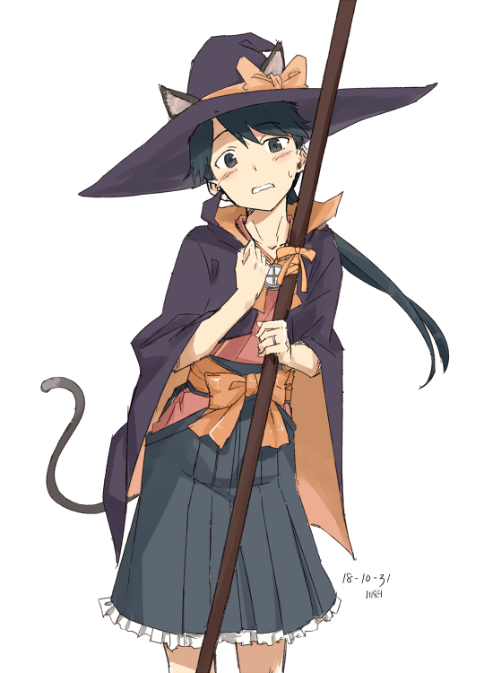1girl, animal_ears, black_cape, black_eyes, black_hair, black_hat, cape, cat_ears