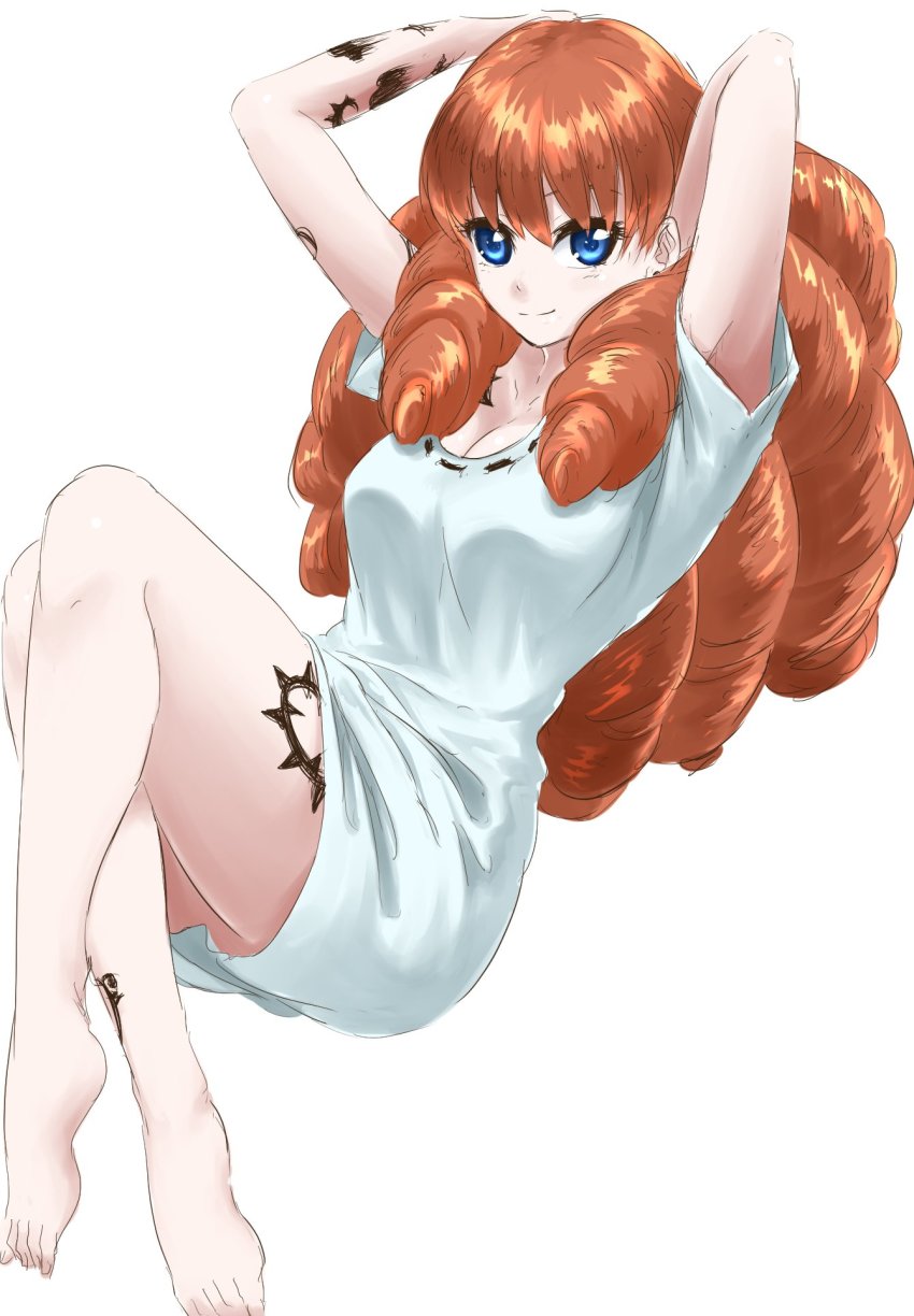 10s, 1girl, blue_eyes, closed_mouth, feet, highres, legs, crossed_legs, long_hair, looking_at_viewer, melie, mitsugu, no_pants, orange_hair, radiant, shirt, simple_background, smile, tattoo, white_background, white_shirt