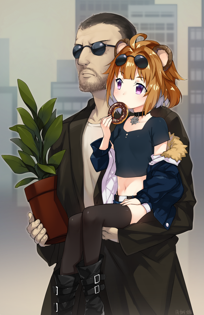 1boy, 1girl, aged_down, animal_ears, bear_ears, brown_hair, choker, coat