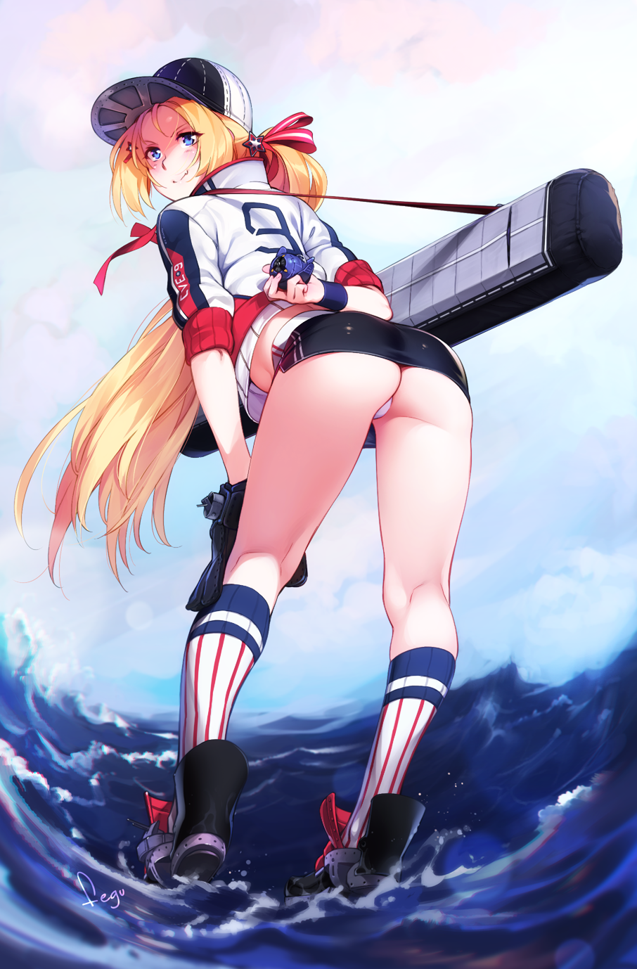 1girl, ass, azur_lane, back, bad_id, bad_twitter_id, baseball_cap, baseball_glove, baseball_uniform, blue_eyes, blush, bogue_(azur_lane), bogue_(retrofit)_(azur_lane), day, feguimel, female_focus, hat, highres, kneehighs, kneepits, long_hair, ocean, outdoors, panties, ponytail, remodel_(azur_lane), skirt, smile, socks, solo, sportswear, underwear, very_long_hair, white_panties