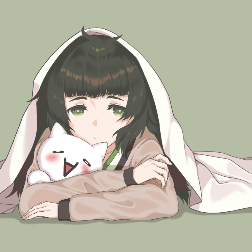 1girl, 2channel, absurdres, black_hair, blanket, blunt_bangs, crossed_arms, female_focus