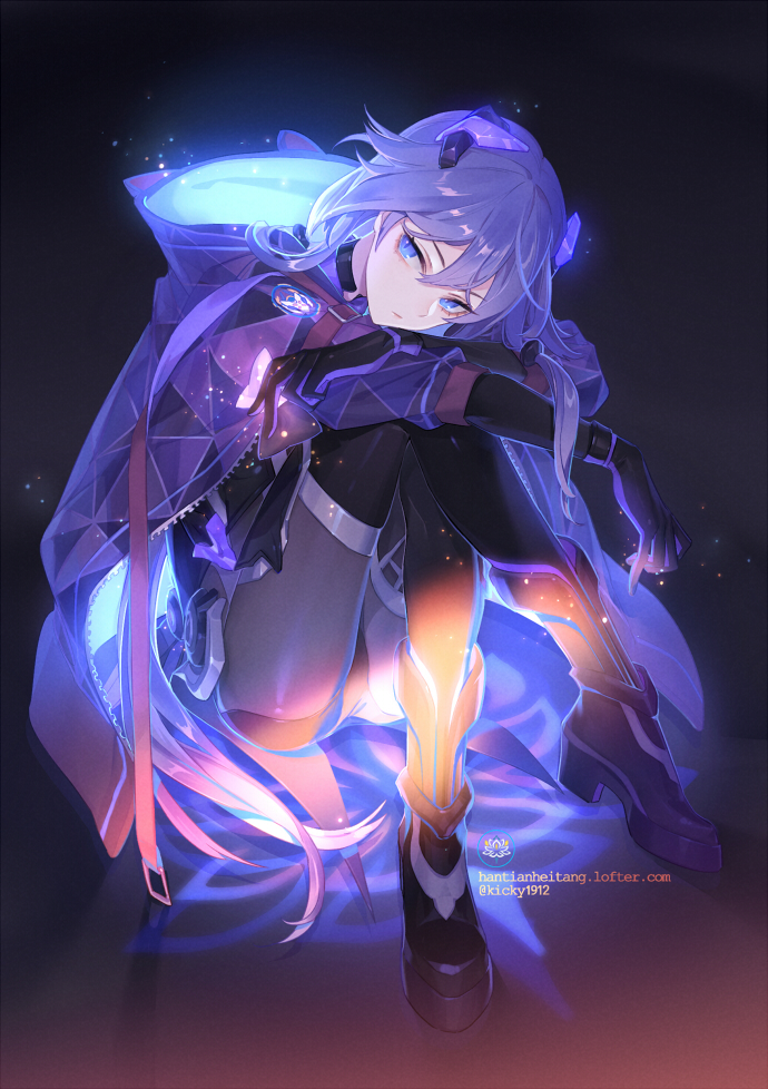1girl, ass, black_gloves, blue_eyes, bodysuit, boots, choker, cloak