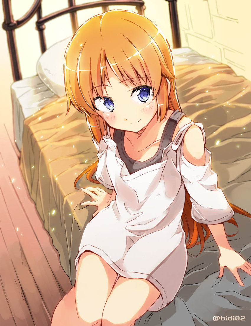 1girl, bed, bibi02, blonde_hair, blouse, blue_eyes, blurry, blush