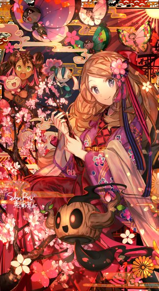 2girls, :o, brown_hair, dark-skinned_female, dark_skin, floette, flower, gen_3_pokemon