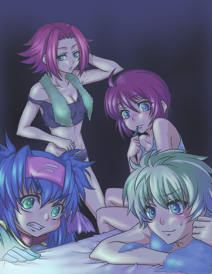 4girls, ahoge, bare_shoulders, bed, blue_eyes, blue_hair, blush, breasts, cleavage, clenched_teeth, code_geass, crossover, ester_elhas, flipped_hair, gachimatsu, green_eyes, green_hair, gundam, gundam_seed, gundam_seed_destiny, headband, klan_klein, kouzuki_kallen, long_hair, lunamaria_hawke, macross, macross_frontier, meltrandi, midriff, multiple_crossover, multiple_girls, pajamas, pink_hair, red_hair, short_hair, super_robot_wars, super_robot_wars_z, super_robot_wars_z2, sweatdrop, teeth, towel, twintails, underwear