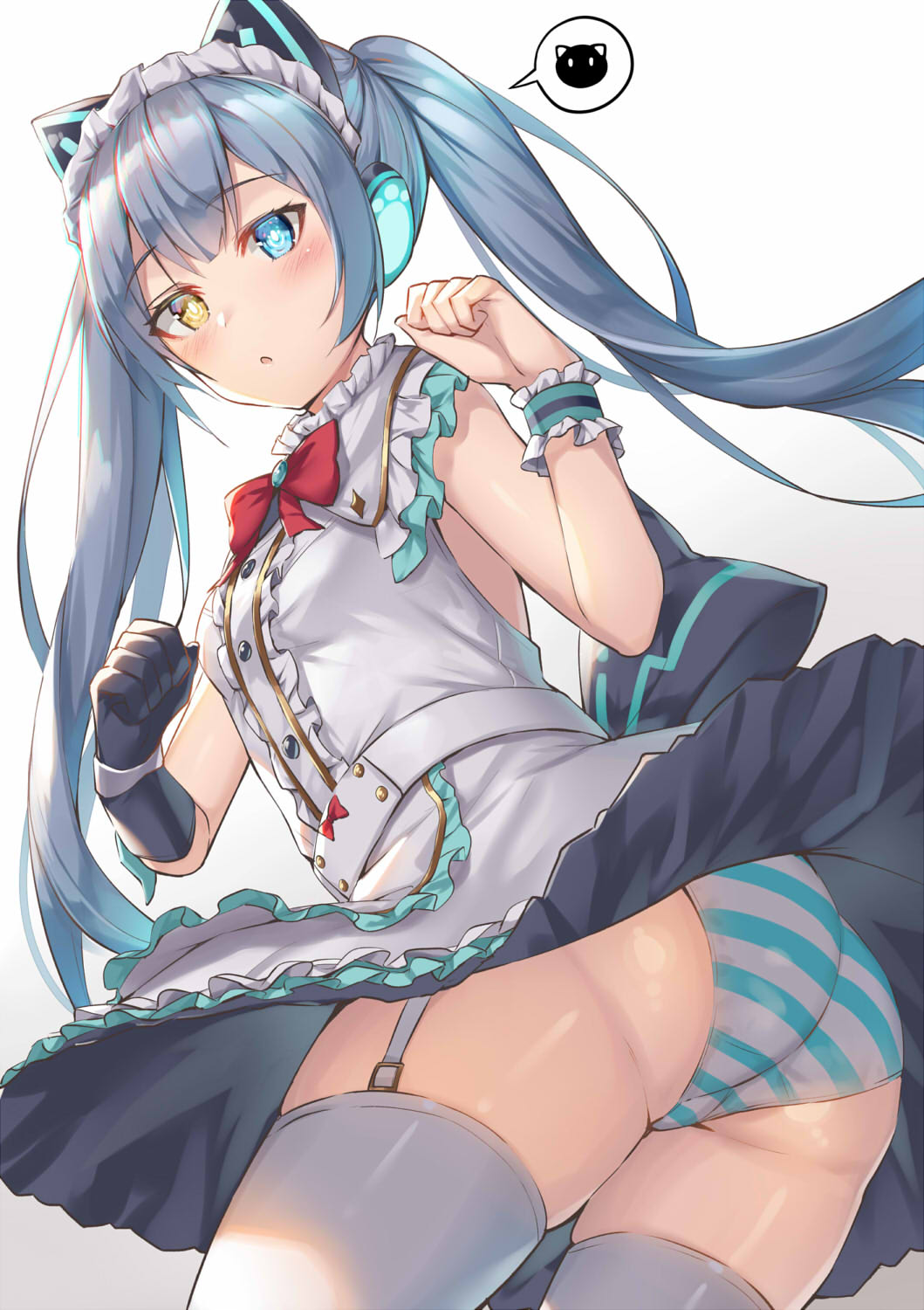 1girl, :o, alexmaster, alternate_costume, animal_ears, apron, ass, bare_shoulders, belt, black_gloves, blue_eyes, blue_hair, blush, bow, bowtie, breasts, brown_eyes, buttons, cat, center_frills, commentary_request, cowboy_shot, enmaided, fake_animal_ears, female_focus, frilled_apron, frills, garter_straps, gloves, gradient_background, grey_background, hands_up, heterochromia, highres, kara_(king's_raid), king's_raid, long_hair, looking_at_viewer, looking_back, maid, maid_apron, maid_headdress, panties, parted_lips, paw_pose, red_bow, red_bowtie, shirt, sidelocks, single_glove, single_wrist_cuff, skindentation, skirt, sleeveless, sleeveless_shirt, small_breasts, solo, speech_bubble, spoken_object, striped_clothes, striped_panties, symbol-shaped_pupils, thighhighs, twintails, underwear, very_long_hair, waist_apron, white_apron, white_background, white_panties, white_shirt, white_skirt, white_thighhighs, wind, wind_lift, wrist_cuffs