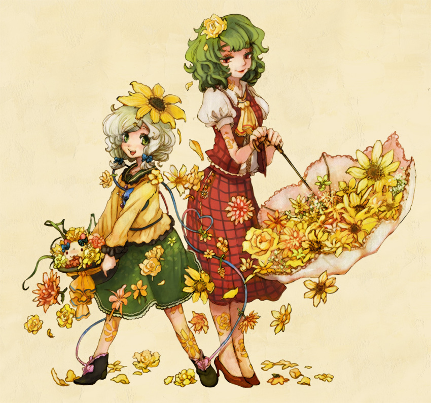 2girls, ascot, bad_id, bad_pixiv_id, female_focus, flower, green_eyes, green_hair, high_heels, kaenbyou_rin, kaenbyou_rin_(cat), kazami_yuuka, komeiji_koishi, multiple_girls, plaid_clothes, plaid_skirt, plaid_vest, red_eyes, ruto_(petatann), shoes, short_hair, skirt, skirt_set, smile, sunflower, tattoo, third_eye, touhou, umbrella, vest