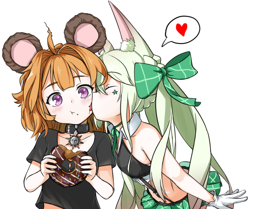 2girls, aged_down, alternate_costume, animal_ear_fluff, animal_ears, art556_(girls'_frontline), bad_id, bad_pixiv_id, bear_ears, black_bra, black_collar, black_shirt, blush, bow, bra, clothing_cutout, collar, girls'_frontline, gloves, green_bow, green_hair, green_skirt, grizzly_mkv_(girls'_frontline), grizzly_mkv_(teddy_transform!)_(girls'_frontline), hair_bow, heart, highres, licking, licking_another's_cheek, licking_another's_face, long_hair, midriff, multiple_girls, official_alternate_costume, orange_hair, pelican_(s030), purple_eyes, shirt, short_hair, shoulder_cutout, skirt, twintails, underwear, white_gloves