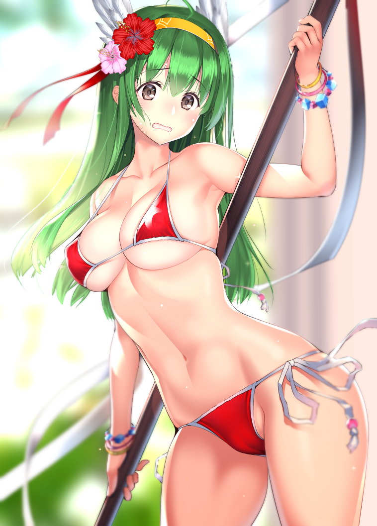 1girl, bikini, blurry, blurry_background, bracelet, breasts, brown_eyes, coffee_cat, cowboy_shot, fedora_(sennen_sensou_aigis), female_focus, flower, green_hair, hair_between_eyes, hair_flower, hair_ornament, hairband, holding, jewelry, large_breasts, legs_apart, long_hair, looking_at_viewer, open_mouth, red_bikini, sennen_sensou_aigis, side-tie_bikini_bottom, solo, standing, swimsuit