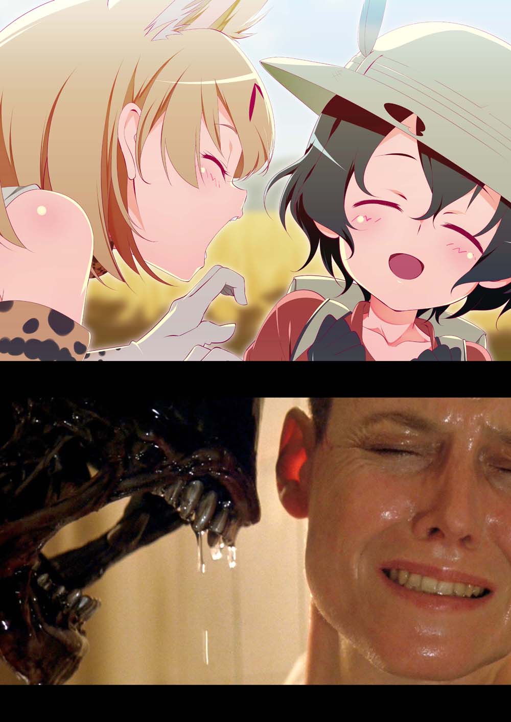 10s, 3girls, ^_^, alien_(1979), alien_(series), alien_3, animal_ears, animal_print