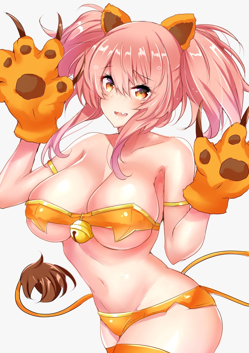 1girl, animal_ears, animal_hands, armlet, bad_id, bad_twitter_id, bare_shoulders, bell, bikini, blush, breasts, claws, cleavage, collarbone, cosplay, eyelashes, fang, female_focus, gloves, hair_between_eyes, hands_up, highres, hip_focus, idolmaster, idolmaster_cinderella_girls, jewelry, jingle_bell, jougasaki_mika, jougasaki_rika, jougasaki_rika_(cosplay), large_breasts, lion_ears, lion_tail, long_hair, looking_at_viewer, navel, open_mouth, orange_bikini, paw_gloves, pink_hair, sankakusui, sidelocks, simple_background, smile, solo, swimsuit, tail, twintails, white_background, yellow_eyes
