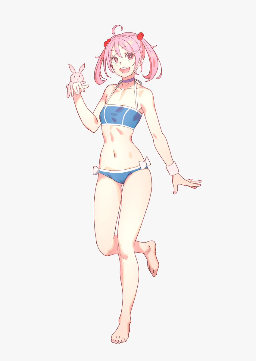 1girl, barefoot, bikini, blue_bikini, choker, collarbone, flat_chest, full_body, grey_background, hair_bobbles, hair_ornament, highres, kantai_collection, looking_at_viewer, navel, open_mouth, pink_eyes, pink_hair, rabbit, sazanami_(kancolle), sazanami_(pm_swimsuit)_(kancolle), short_hair, simple_background, smile, standing, standing_on_one_leg, swimsuit, teeth, twintails, upper_teeth_only, wristband, yuuji_(and)