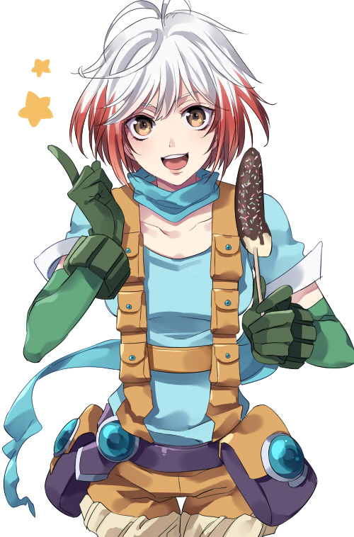 1girl, :d, antenna_hair, banana, blue_shirt, chocolate-covered_food, chocolate_banana, collarbone, cowboy_shot, female_focus, food, fruit, gloves, green_gloves, holding, index_finger_raised, kirimi_maguro, looking_at_viewer, multicolored_hair, open_mouth, orange_eyes, orange_shorts, pascal_(tales), pouch, red_hair, shirt, short_hair, short_sleeves, shorts, simple_background, smile, solo, star_(symbol), suspender_shorts, suspenders, tales_of_(series), tales_of_graces, teeth, two-tone_hair, white_background, white_hair