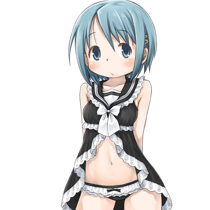 1girl, babydoll, black_bow, blue_eyes, blue_hair, blush, bow, bow_panties