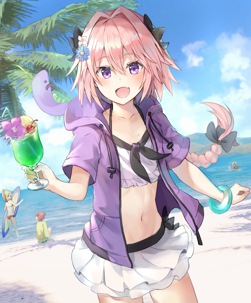 2boys, 2girls, :d, absurdres, astolfo_(comp_ace_bikini)_(fate), astolfo_(fate), beach, bendy_straw