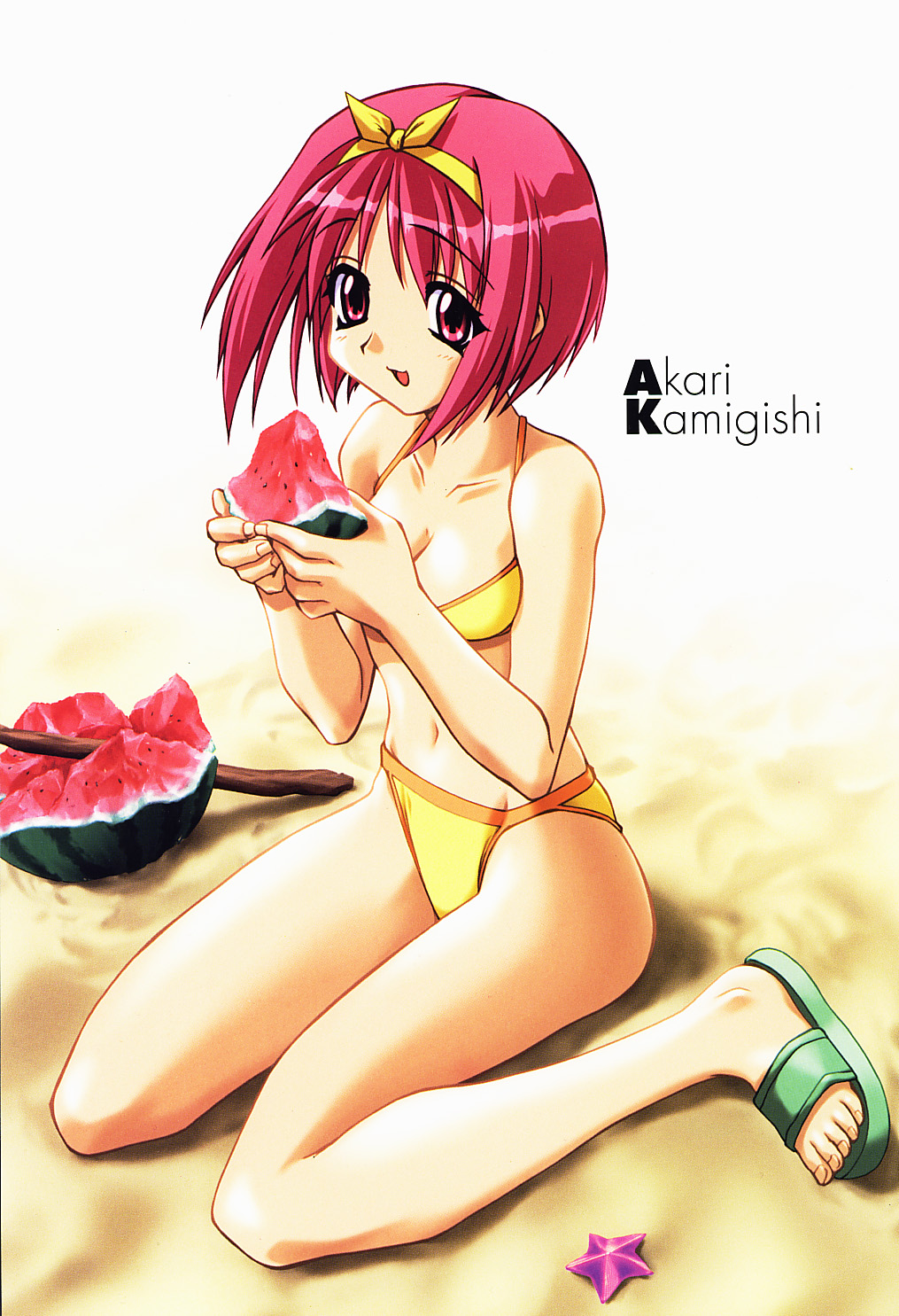 1girl, beach, bikini, character_name, eating, female_focus, flip-flops, food