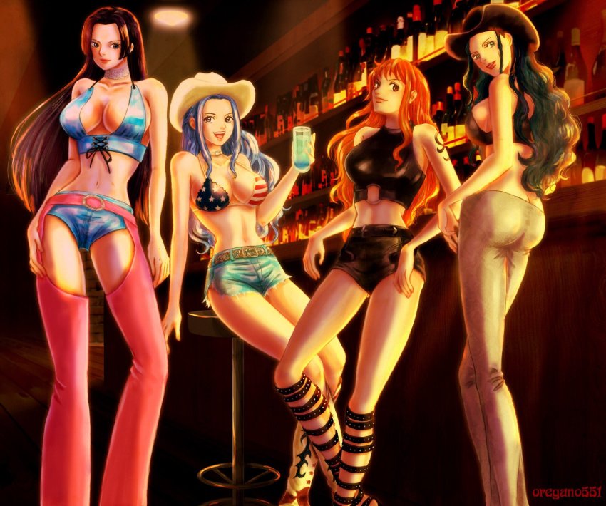 4girls, alcohol, american_flag, american_flag_bikini, american_flag_print, ass, bar_(place), bare_shoulders