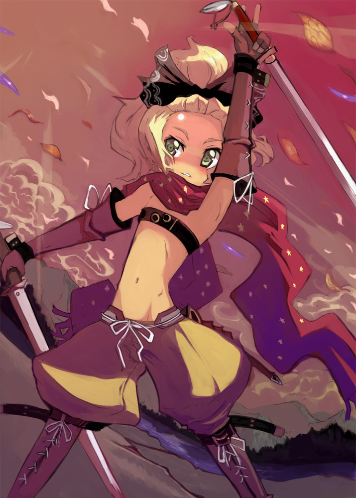 1girl, 7th_dragon, 7th_dragon_(series), arm_up, armpits, baggy_pants, bandeau, blonde_hair