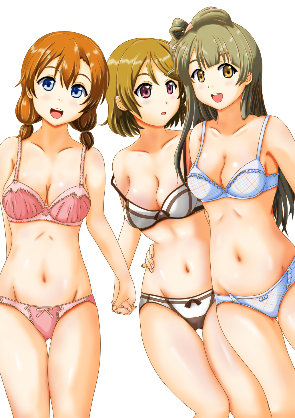 10s, 3girls, :d, alternate_hairstyle, arm_around_another's_waist, arm_behind_back, blue_bra, blue_panties