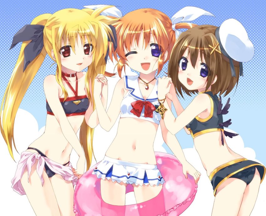 3girls, :d, ;d, adapted_costume, adapted_uniform, ass, backlighting, bardiche_(nanoha)