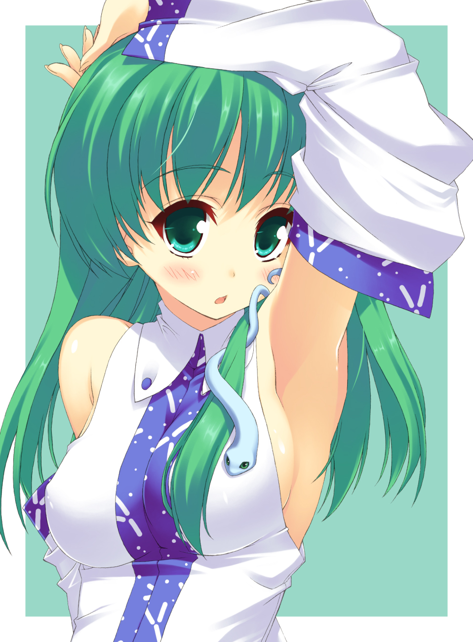 1girl, arm_up, armpits, blush, breasts, detached_sleeves, female_focus, green_eyes