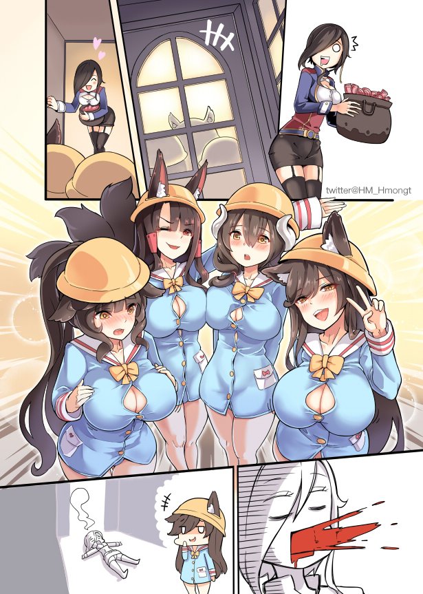 5girls, ^^^, akagi_(azur_lane), alternate_costume, animal_ears, ark_royal_(azur_lane), atago_(azur_lane), azur_lane, black_hair, blood, blood_from_mouth, blush, breasts, bursting_breasts, button_gap, cleavage, comic, disappointed, drill_hair, embarrassed, fainted, fainting, fox_ears, fox_tail, hair_over_one_eye, halloween, halloween_costume, hat, heart, hm_(hmongt), horns, huge_breasts, kindergarten_uniform, large_breasts, long_hair, lying, mikasa_(azur_lane), multiple_girls, multiple_tails, nosebleed, one_eye_closed, open_mouth, ponytail, school_hat, shaded_face, shirt, smile, spitting, spitting_blood, tail, takao_(azur_lane), thighhighs, tight_clothes, tight_shirt, trick_or_treat, v