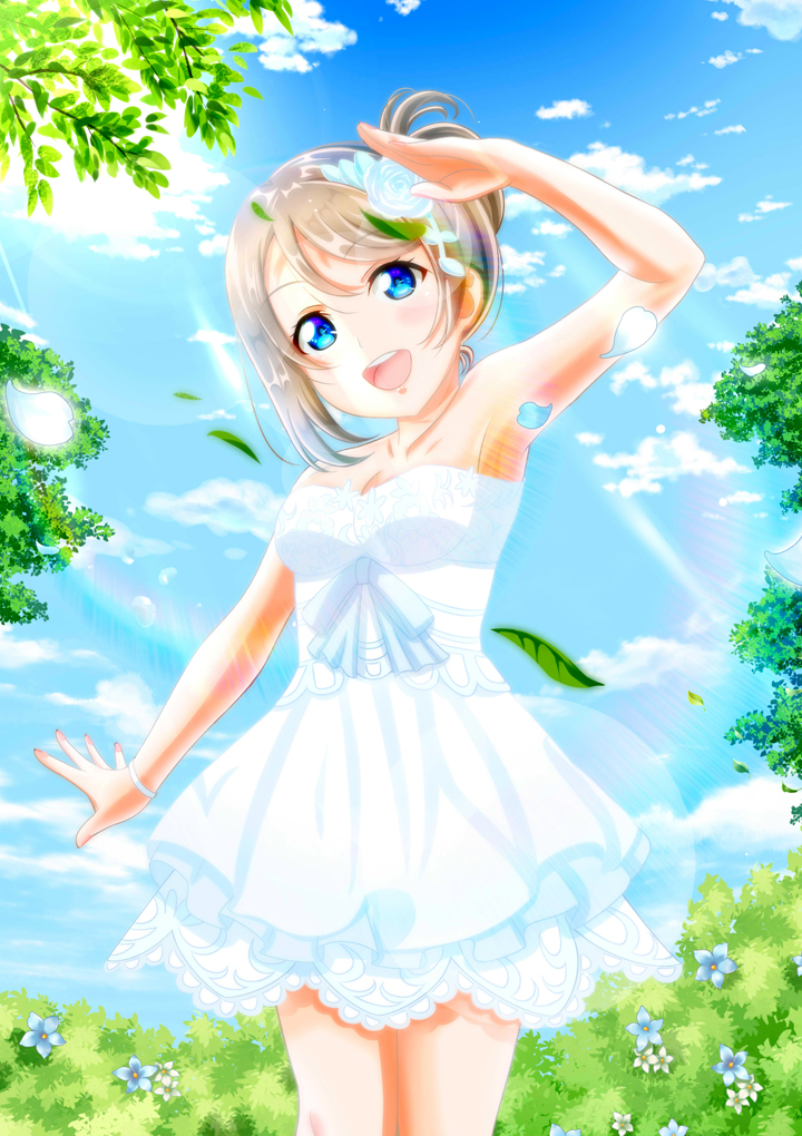 1girl, alternate_hairstyle, armpits, bare_arms, bare_shoulders, blue_eyes, blush, breasts