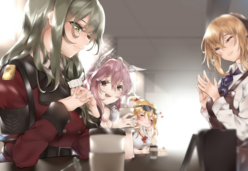 4girls, absurdres, animal_ears, apron, bababababan, bags_under_eyes, barista, cafe