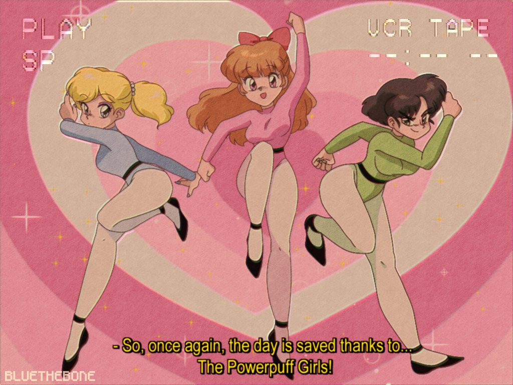 >:), 1990s_(style), 3girls, :d, :o, anime_coloring, animification, arm_up, artist_name, black_footwear, black_hair, blonde_hair, blossom_(ppg), blue_eyes, blue_leotard, bluethebone, blunt_bangs, bow, breasts, bubbles_(ppg), buttercup_(ppg), clenched_hand, commentary, english_text, fake_screenshot, female_focus, fighting_stance, film_grain, green_eyes, green_leotard, hair_bow, heart, heart_background, leotard, long_hair, long_sleeves, looking_at_viewer, medium_hair, multiple_girls, open_mouth, orange_hair, pantyhose, parody, pink_eyes, pink_leotard, powerpuff_girls, red_bow, retro_artstyle, running, short_hair, siblings, sisters, smile, style_parody, subtitled, twintails, vhs_artifacts, white_legwear