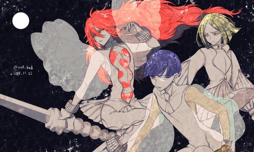 3others, alternate_costume, androgynous, blonde_hair, blue_eyes, blue_hair, blunt_bangs, bracelet