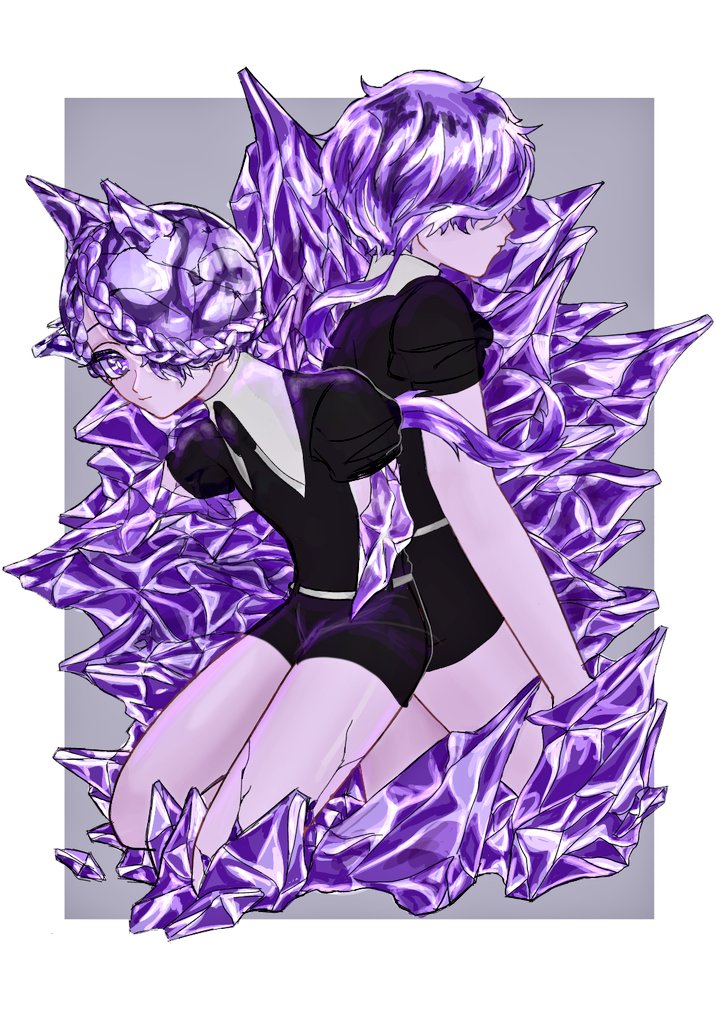 2others, purple_gem, amethyst_(houseki_no_kuni), androgynous, back-to-back, braid, broken, crack