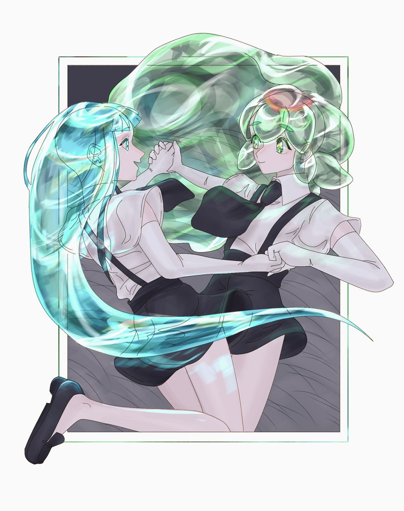 2others, androgynous, aqua_eyes, aqua_hair, blue_eyes, blue_hair, blunt_bangs, crystal_hair, dancing, elbow_gloves, gem_uniform_(houseki_no_kuni), gloves, green_eyes, green_hair, hemimorphite_(houseki_no_kuni), holding_hands, houseki_no_kuni, jtmpadn, long_hair, looking_at_another, multicolored_hair, multiple_others, necktie, smile, suspenders, watermelon_tourmaline_(houseki_no_kuni)