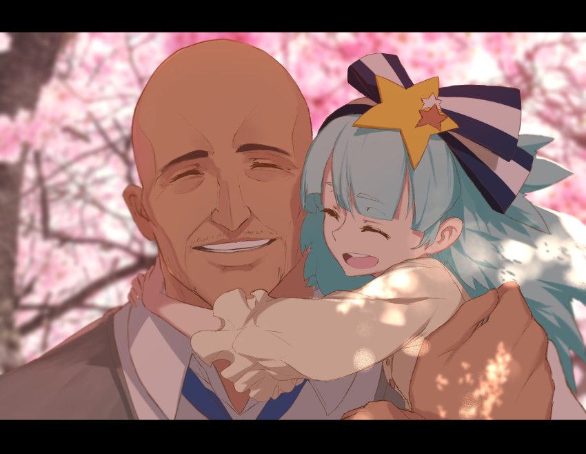 10s, 1boy, 1girl, absurdres, arms_around_neck, bald, blue_hair, closed_eyes, dishwasher1910, facial_hair, family_bonding, father_and_child, father_and_daughter, go_takeo, hair_ornament, hair_ribbon, highres, hoshikawa_lily, letterboxed, manly, parent_and_child, ribbon, size_difference, smile, spoilers, star_(symbol), star_hair_ornament, stubble, zombie_land_saga