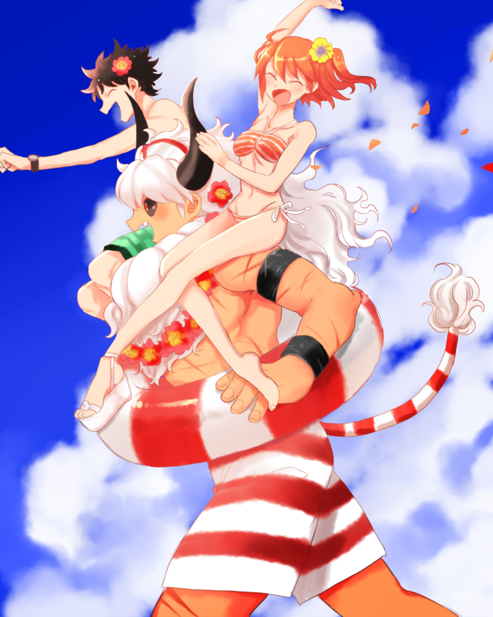 1girl, 2boys, :d, ahoge, asterios_(fate), asterios_(formal_dress)_(fate), bad_id, bad_pixiv_id, bikini, black_hair, black_sclera, closed_eyes, cloud, colored_sclera, day, fang, fate/grand_order, fate_(series), flower, from_side, fujimaru_ritsuka_(female), fujimaru_ritsuka_(female)_(brilliant_summer), fujimaru_ritsuka_(male), fujimaru_ritsuka_(male)_(brilliant_summer), hair_flower, hair_ornament, halterneck, hand_up, innertube, multiple_boys, official_alternate_costume, one_side_up, open_mouth, orange_hair, outdoors, profile, red_eyes, red_flower, running, scar, smile, striped_bikini, striped_clothes, swim_ring, swimsuit, tail, takashi_(onikukku), watch, wristwatch