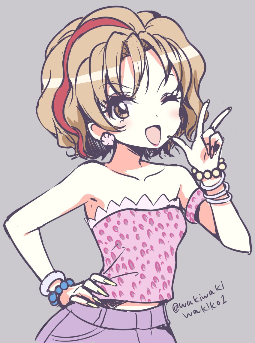 1girl, ;d, absurdres, bangle, bare_shoulders, blush, bracelet, brown_eyes