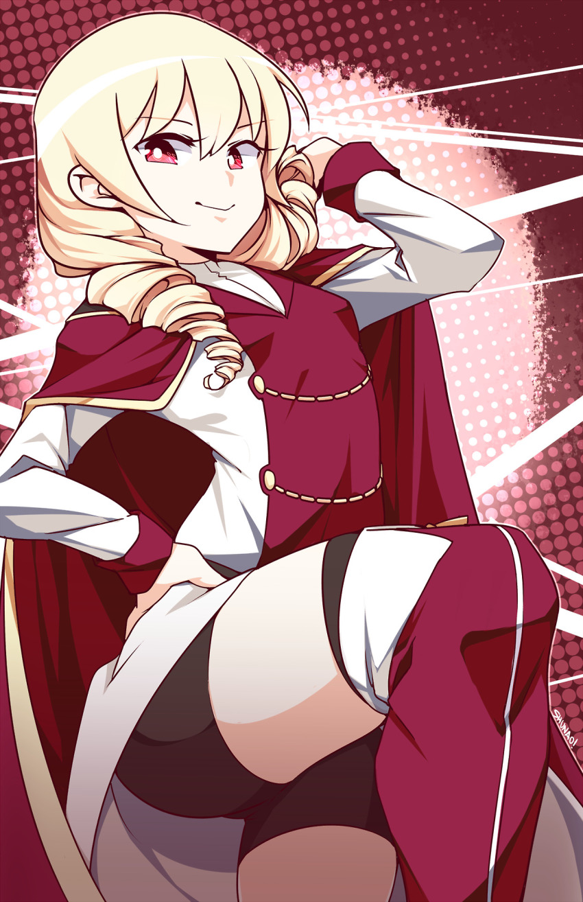 1girl, artist_name, bike_shorts, blonde_hair, breasts, cape, commentary, drill_hair