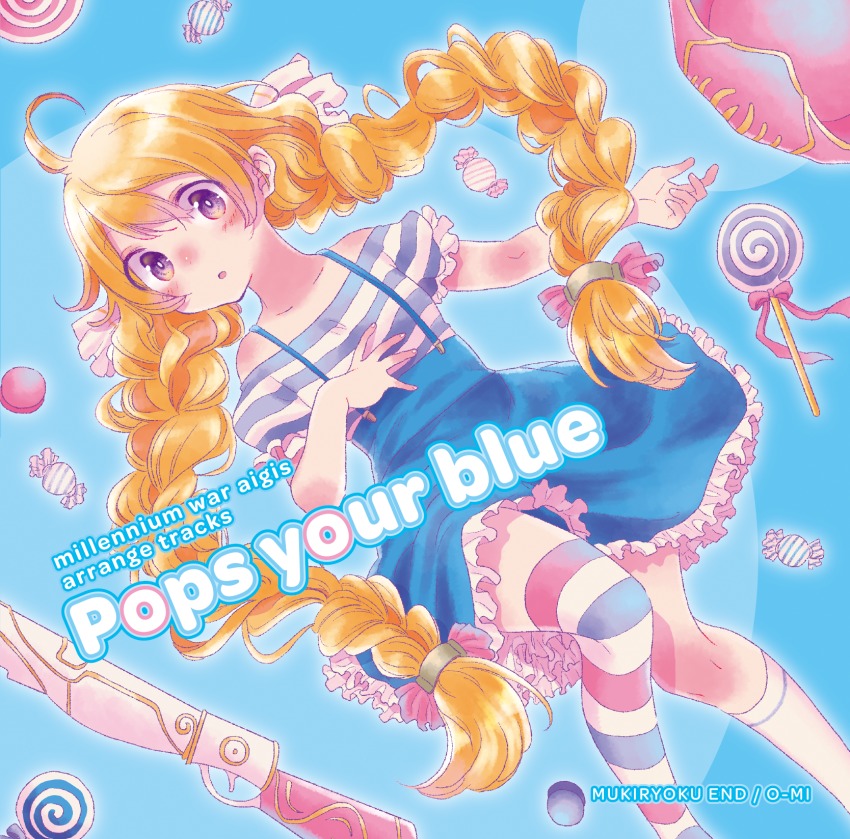 1girl, ahoge, album_cover, asymmetrical_legwear, blonde_hair, blue_background, blue_skirt, blush