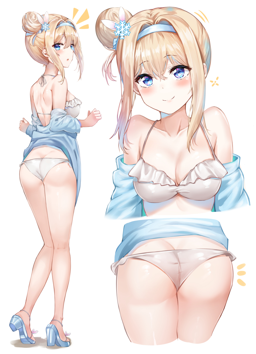 1girl, absurdres, ass, bare_back, bare_shoulders, bikini, blonde_hair, blue_eyes, blue_footwear, blue_jacket, blush, breasts, butt_crack, cleavage, closed_mouth, collarbone, commentary_request, frilled_bikini, frills, full_body, girls'_frontline, hair_between_eyes, hair_bun, hair_intakes, hair_ornament, hairband, halterneck, head_tilt, heel_up, high_heels, highres, jacket, korean_commentary, long_hair, looking_at_viewer, looking_back, medium_breasts, multiple_views, off_shoulder, official_alternate_costume, open_clothes, open_jacket, rabbit_hair_ornament, sandals, shoulder_blades, sidelocks, simple_background, single_hair_bun, smile, snowflake_hair_ornament, standing, sunhyun, suomi_(girls'_frontline), suomi_(midsummer_pixie)_(girls'_frontline), swimsuit, white_background, white_bikini