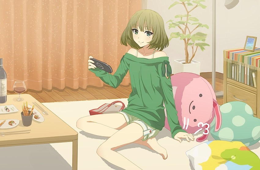 1girl, bag, barefoot, blue_eyes, book, bottle, brown_hair, chopsticks
