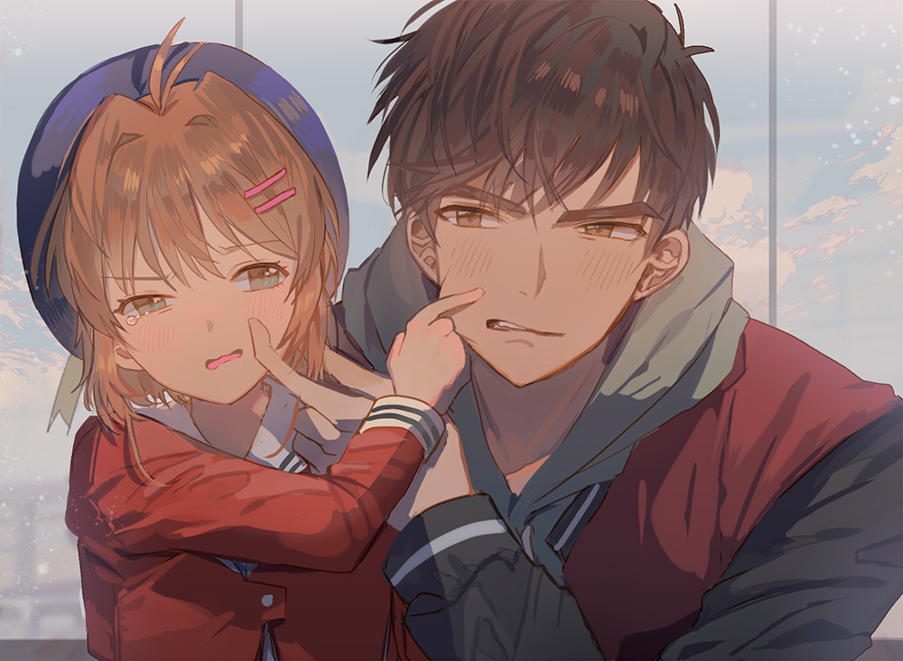 1boy, 1girl, annoyed, antenna_hair, beret, blue_hat, brother_and_sister, brown_eyes