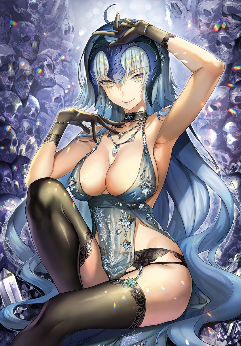 1girl, ahoge, arm_up, armpits, artoria_pendragon_(fate), artoria_pendragon_(lancer_alter)_(fate), artoria_pendragon_(lancer_alter)_(fate)_(cosplay), artoria_pendragon_(royal_icing)_(fate), artoria_pendragon_(royal_icing)_(fate)_(cosplay), babydoll, bare_shoulders, black_panties, blue_hair, bracelet, breasts, choker, cleavage, collarbone, commentary_request, cosplay, craft_essence_(fate), crystal, crystal_skull, fate/grand_order, fate_(series), female_focus, garter_belt, garter_straps, gloves, groin, hands_up, headpiece, highres, jeanne_d'arc_(fate), jeanne_d'arc_alter_(avenger)_(fate), jeanne_d'arc_alter_(fate), jewelry, knee_up, large_breasts, lingerie, long_hair, looking_at_viewer, multicolored_hair, necklace, official_alternate_costume, panties, revealing_clothes, revision, sage_joh, see-through_clothes, silver_hair, sitting, skull, smile, solo, thighhighs, underwear, yellow_eyes