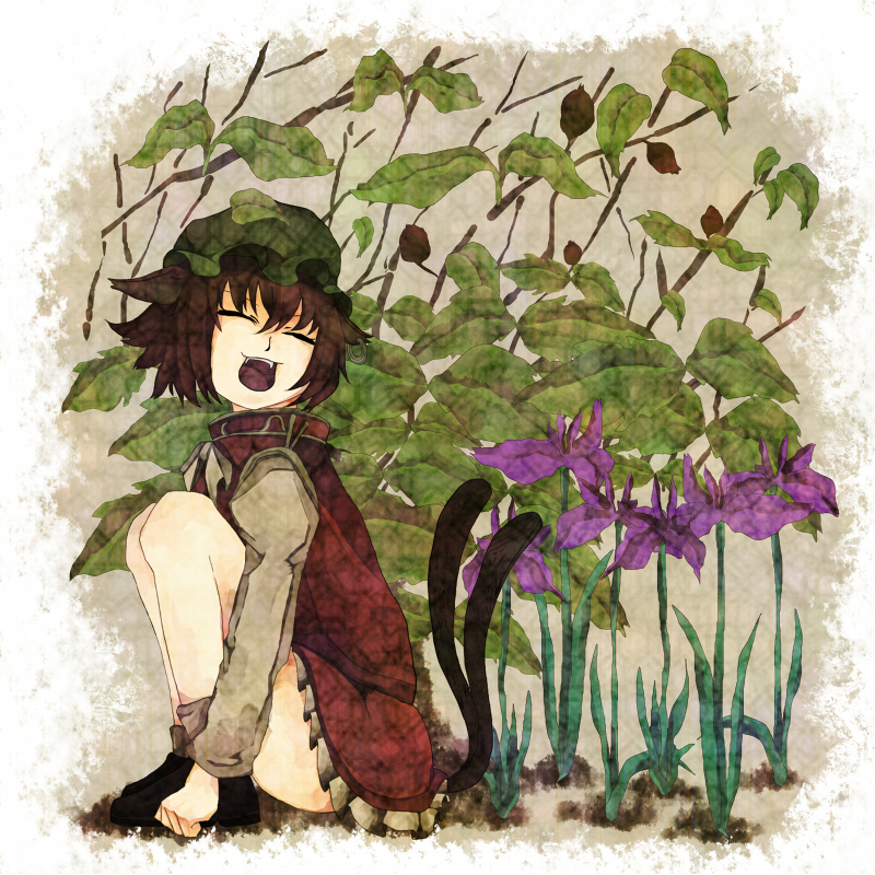 1girl, bad_id, bad_pixiv_id, chen, female_focus, flower, green_hat, hat