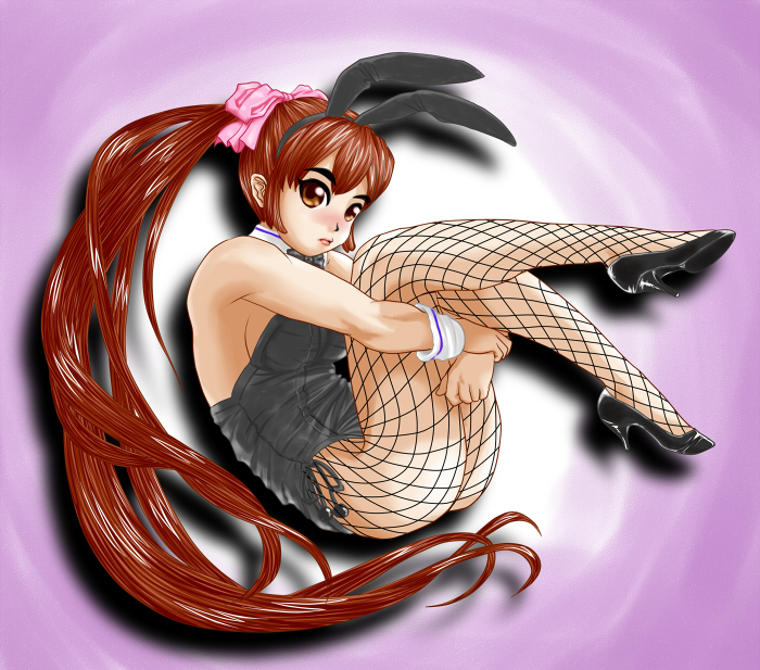 animal_ears, brown_eyes, brown_hair, fake_animal_ears, fishnet_pantyhose, fishnets, hugging_own_legs, long_hair
