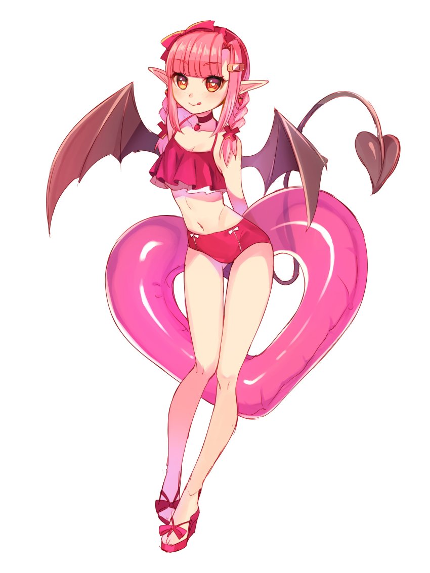 1girl, :q, absurdres, arms_behind_back, bandaid, bandaid_hair_ornament, bat_wings, bikini