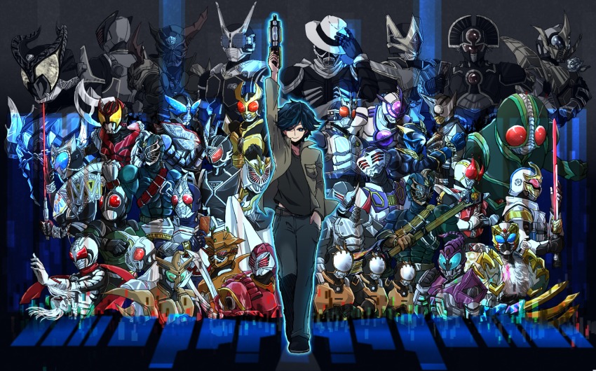 adjusting_clothes, adjusting_headwear, belt, card, claw_(weapon), clenched_hand, fedora, flower, guitar, gun, hand_in_pocket, hat, instrument, jacket, kaitou_daiki, kamen_rider, kamen_rider_agito, kamen_rider_agito_(ground_form), kamen_rider_arc, kamen_rider_black_rx, kamen_rider_blade, kamen_rider_caucasus, kamen_rider_dcd, kamen_rider_delta, kamen_rider_den-o, kamen_rider_den-o_(sword_form), kamen_rider_drake, kamen_rider_femme, kamen_rider_g3, kamen_rider_g4, kamen_rider_gai, kamen_rider_glaive, kamen_rider_hercus, kamen_rider_ibuki, kamen_rider_ixa, kamen_rider_j, kamen_rider_kabuki, kamen_rider_ketaros, kamen_rider_kiva, kamen_rider_kuuga, kamen_rider_kuuga_(mighty_form), kamen_rider_orga, kamen_rider_ouja, kamen_rider_psyga, kamen_rider_punch_hopper, kamen_rider_raia, kamen_rider_rey, kamen_rider_ryuga, kamen_rider_saga, kamen_rider_sasword, kamen_rider_scissors, kamen_rider_skull, kamen_rider_super-1, kamen_rider_todoroki, kamen_rider_zanki, pointing, pointing_up, riotrooper, rose, scarf, sword, weapon, yoshino_(gunform)