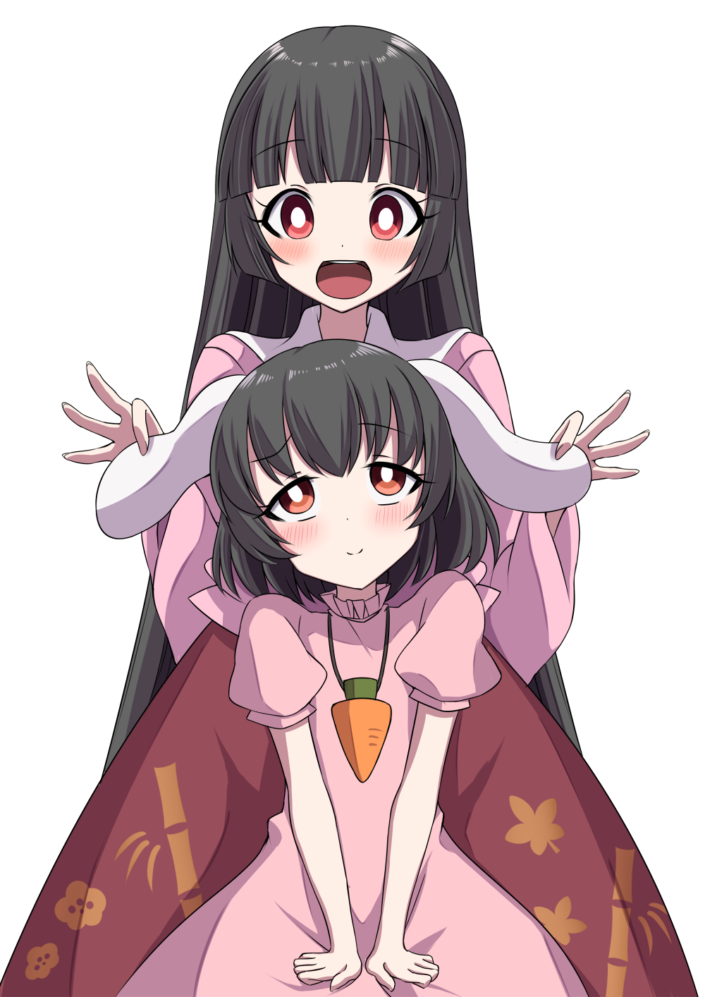 2girls, :d, behind_another, black_hair, blouse, blunt_bangs, blush, bright_pupils