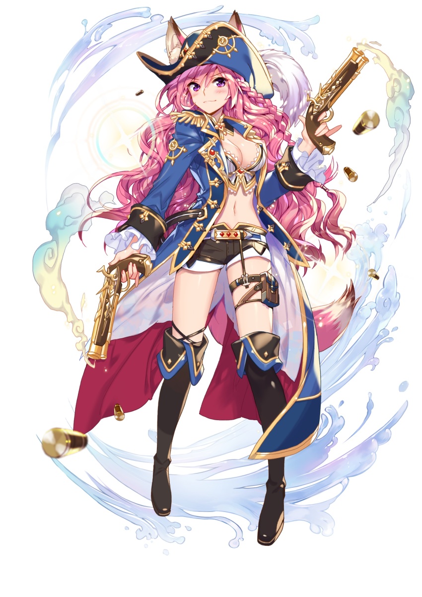 1girl, absurdres, animal_ear_fluff, animal_ears, black_shorts, blue_hat, blue_jacket, blush, boots, braid, breasts, brown_boots, bullet, cleavage, dual_wielding, epaulettes, female_focus, full_body, gun, handgun, hat, hat_feather, highres, holding, holding_gun, holding_weapon, jacket, leona_(teria_saga), long_hair, long_sleeves, looking_at_viewer, medium_breasts, midriff, navel, official_art, pink_hair, pinky_out, pistol, pouch, purple_eyes, short_shorts, shorts, smoke, smoking_barrel, solo, standing, tail, teria_saga, thigh_boots, thigh_strap, thighhighs, very_long_hair, wavy_hair, weapon, white_background