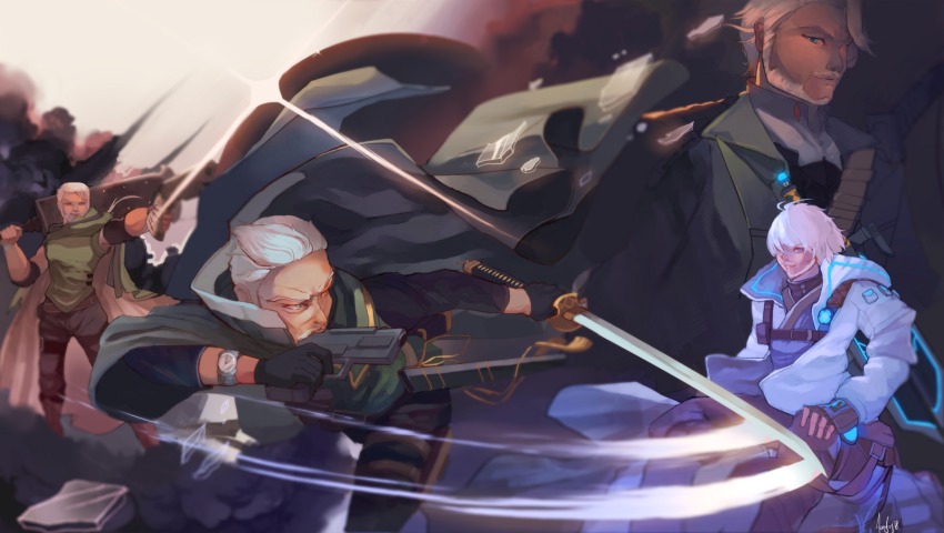 agent_(dungeon_and_fighter), ammunition_belt, broken_glass, commentary, dungeon_and_fighter, facial_hair, glass, green_jacket