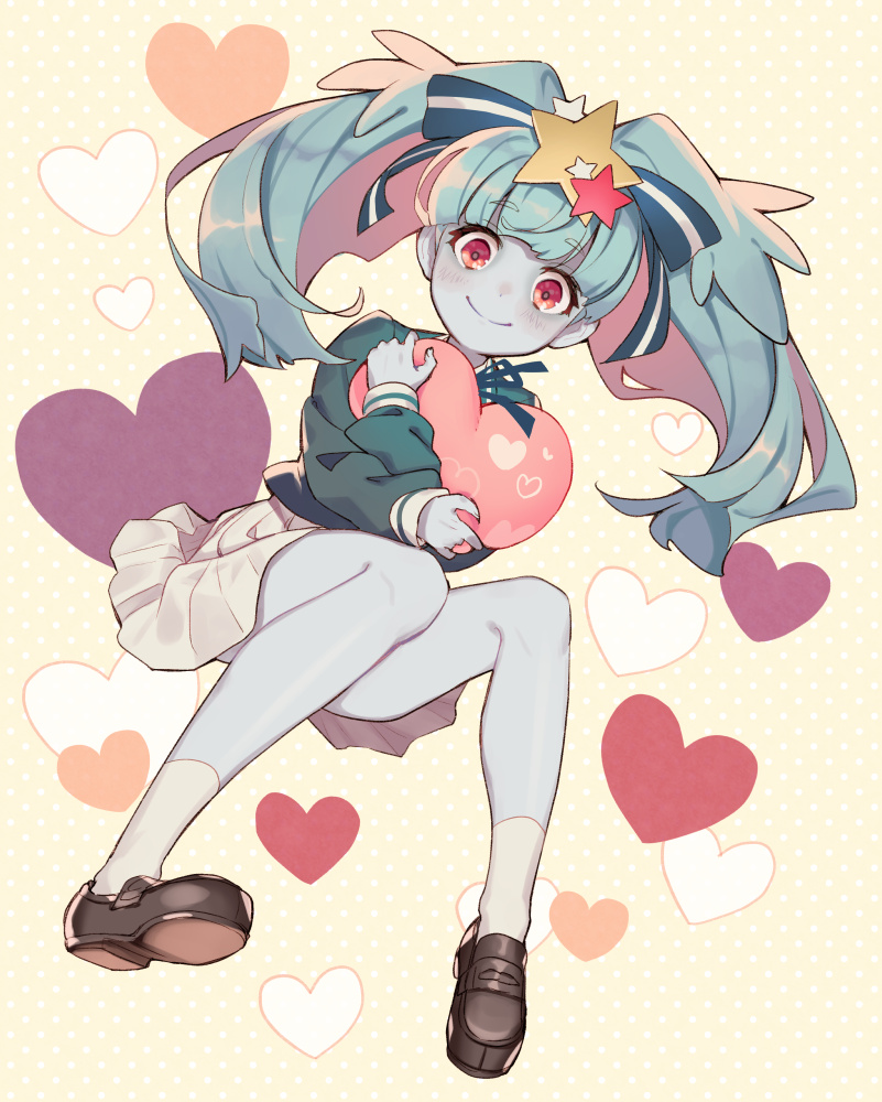 10s, 1girl, blue_hair, blue_skin, blush, brown_shoes, colored_skin, female_focus